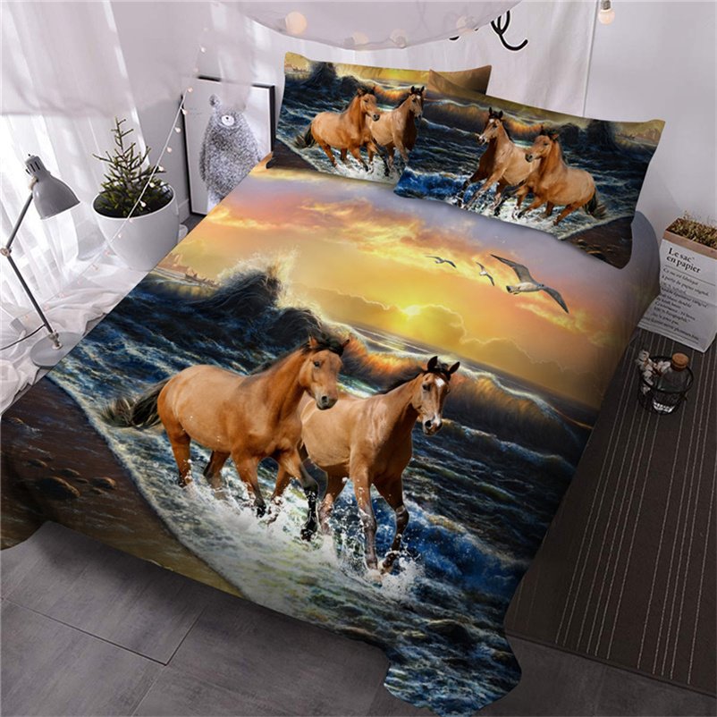Running Horse 3D Animal Print 3-Piece Comforter Sets with 2 Matching Pillowcases Microfiber Bedding (Queen)
