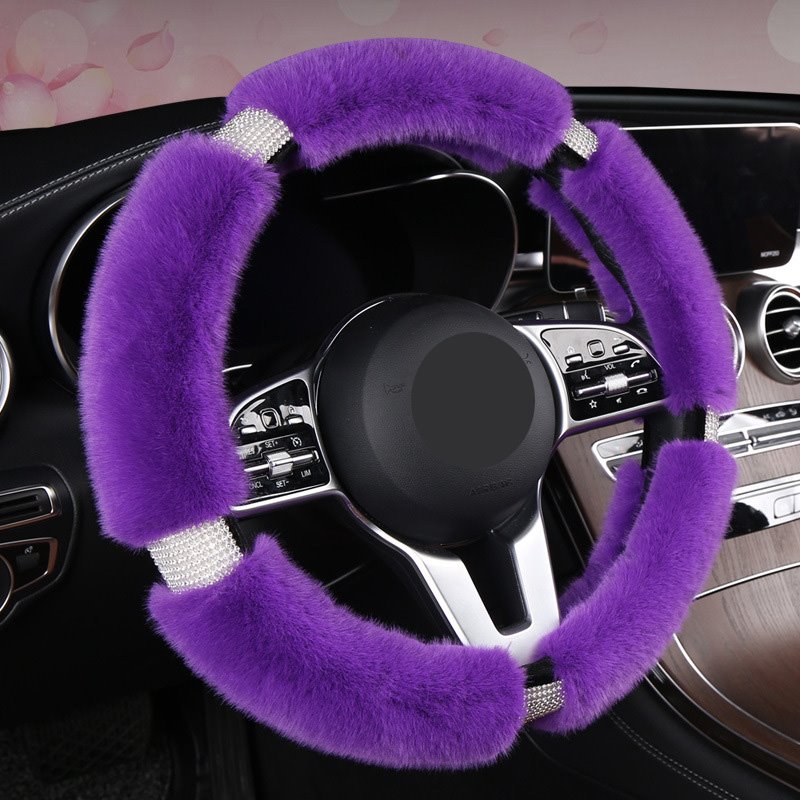 Fluffy Steering Wheel Cover for Women, Universal Rhinestone Bling Comfortable Non-Slip Luxurious Faux Wool & Glam Vehicl