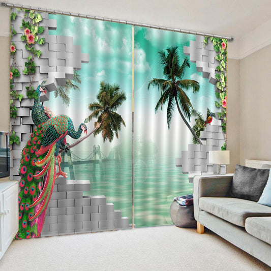 Peacock and Sea Pattern 3D Animal Curtains Blackout Curtains 2 Panels Window Treatments for Living Room Bedroom Window D (118W*106