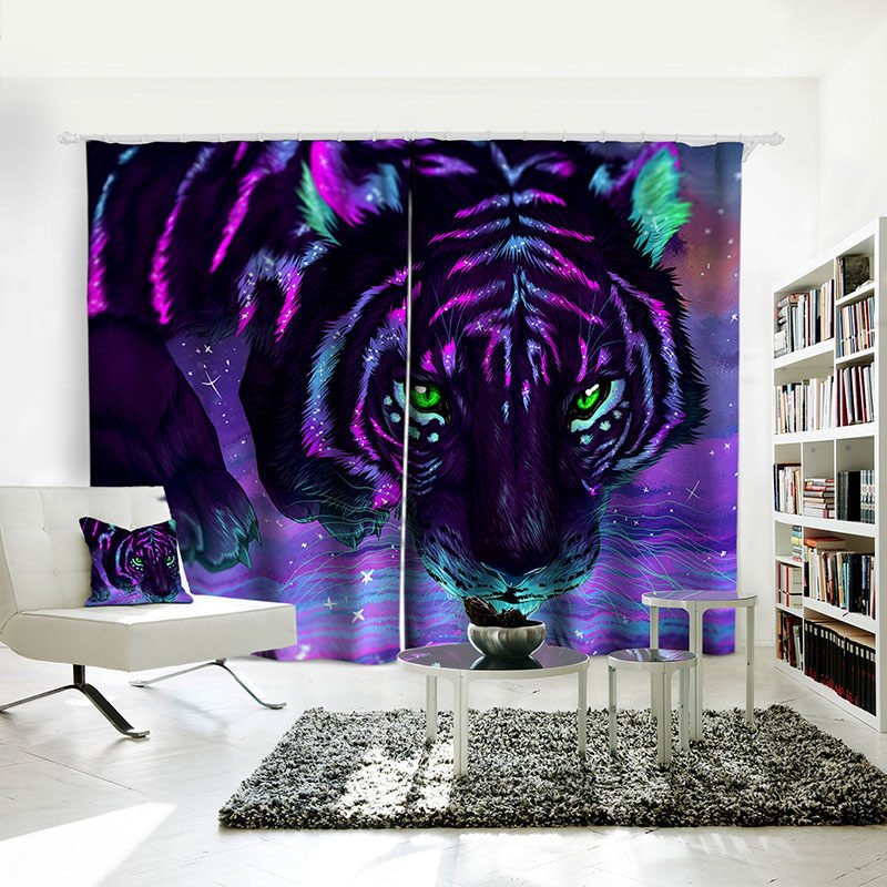 Purple Tiger Blackout Curtains 3D Animal Print Curtains Panels Window Treatments for Living Room Bedroom Window Drapes 2 (80W*63"L
