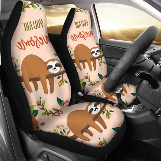 2PCS Front Seat Covers Cute Sloth Print Pattern Universal Fit Seat Covers Will Stretch to Fit Most Car and SUV Bucket Style Seats