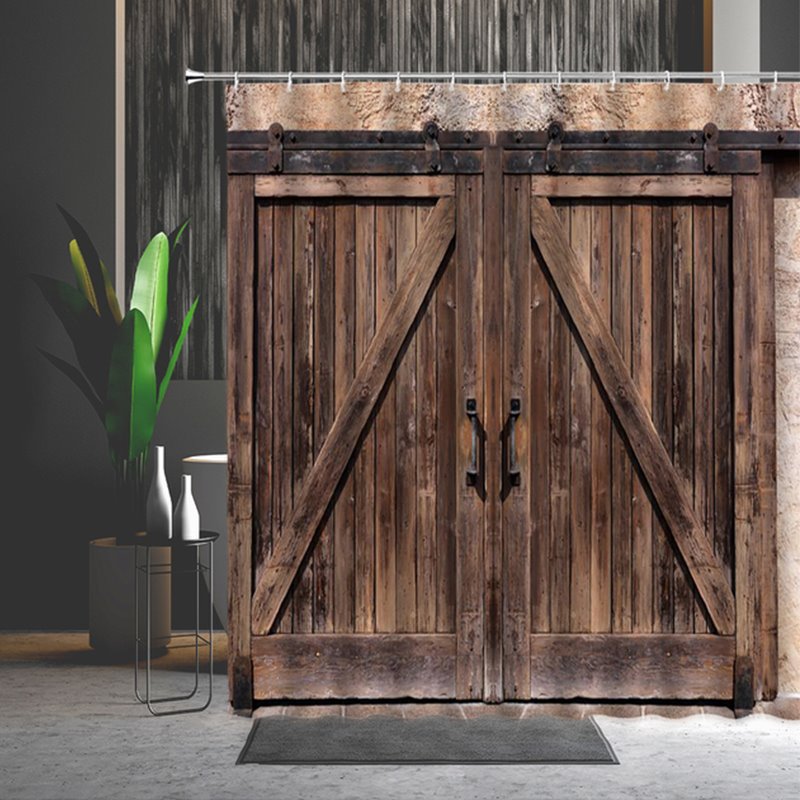 3D Old Wooden Barn Door Decorative Shower Curtains for Bathroom Partition Curtain Durable Waterproof Mildew Proof (180*180cm)