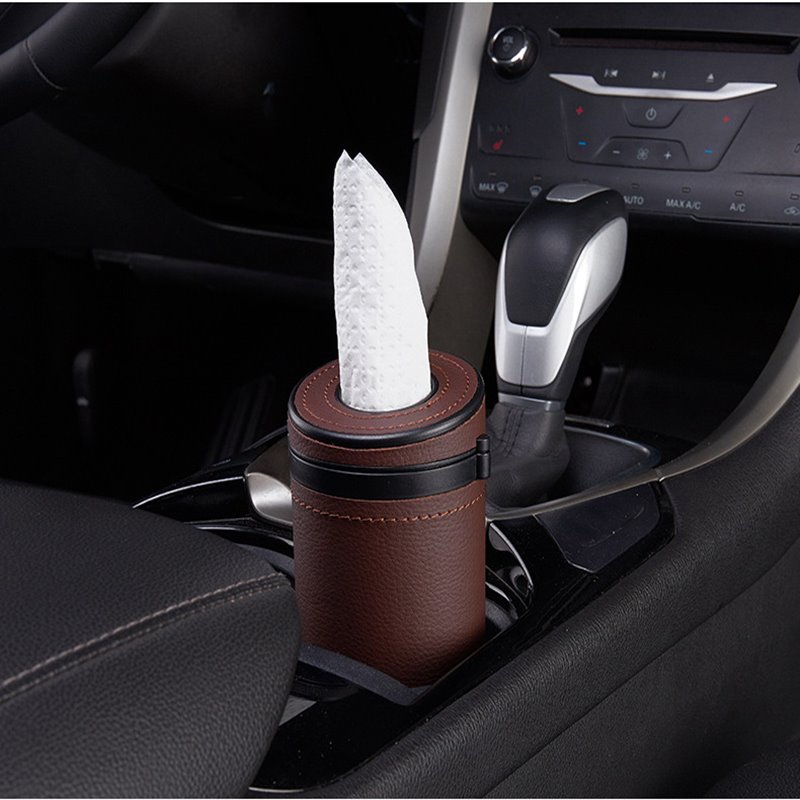 Wear-resistant Leather Cylinder Tissue Boxes for Car Cup Holder Double Function with Built-in safety Hammer Emergency Broken Window