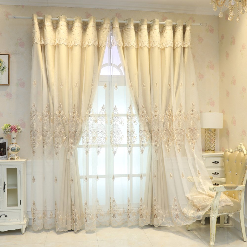 Europäische High-End-Fenstervorhang-Sets, beige Stickerei, Verdunkelungsvorhang für Wohnzimmer, Schlafzimmer, Dekoration, kein Pilling, nein (100 W x 96 Zoll) 