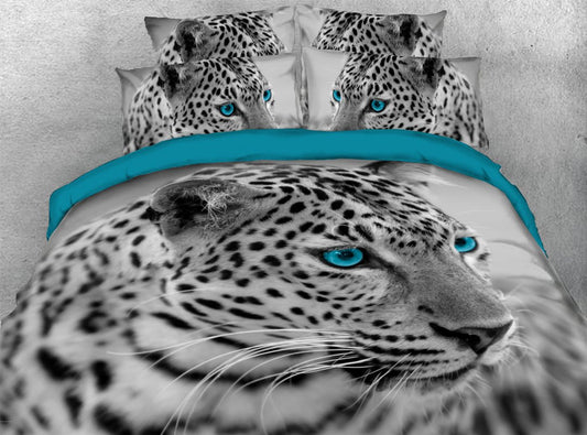 3D Leopard 4-piece Duvet Cover Set Animal Print Bedding Zipper Duvet Cover with Non-slip Ties Durable No-fading (Queen)