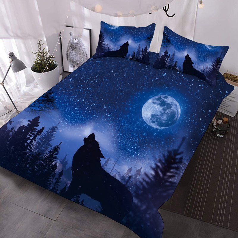 Howl of a Wolf 3D Animal 3Pcs Comforter Set/Bedding Set with 2 Pillow Shams Ultra-soft Lightweight Warm Comforter Blue (Queen)