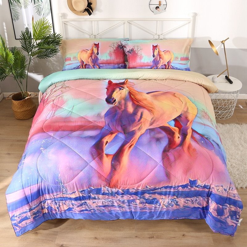 US Only 3D Horse Comforter Set for Girls 3-Piece Bedding Set Pink Purple Comforter with White Snow and Farm House Print (Full)