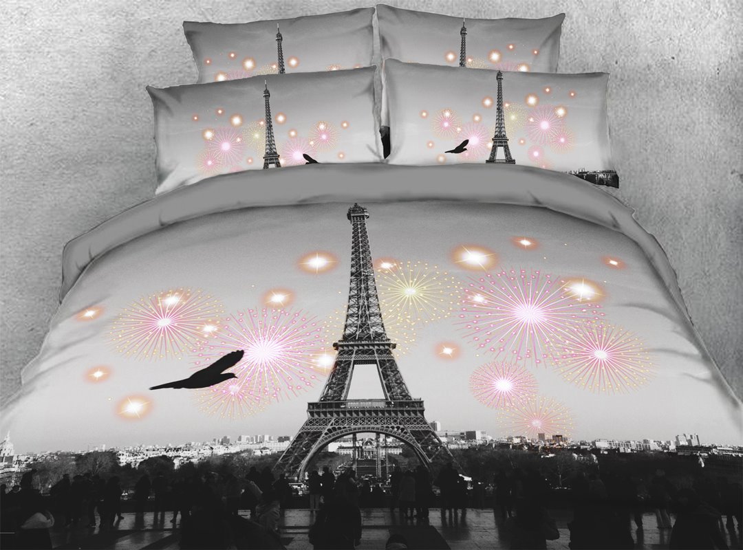 3D Eiffel Tower 5-Piece Scenery Comforter Set Zipper Ties Colorfast/Wear-resistant/Skin-friendly Grey Bedding Sets (King)