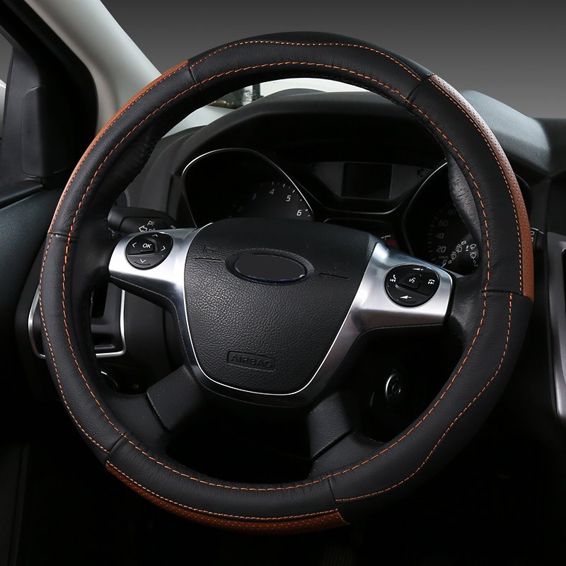 Business Style Color Block Leather Material Steering Wheel Cover