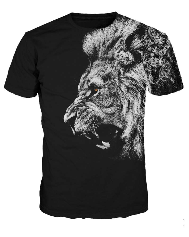 Super Cool Round Neck Lion Pattern Black 3D Painted T-Shirt (3XL)