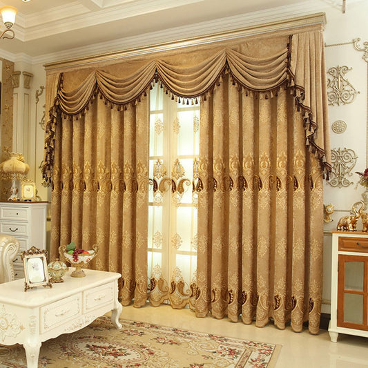 European Luxury Chenille Embroidered Shading Curtains Coffee Blackout Curtain for Living Room Bedroom Custom 2 Panels Dr (114W*96"