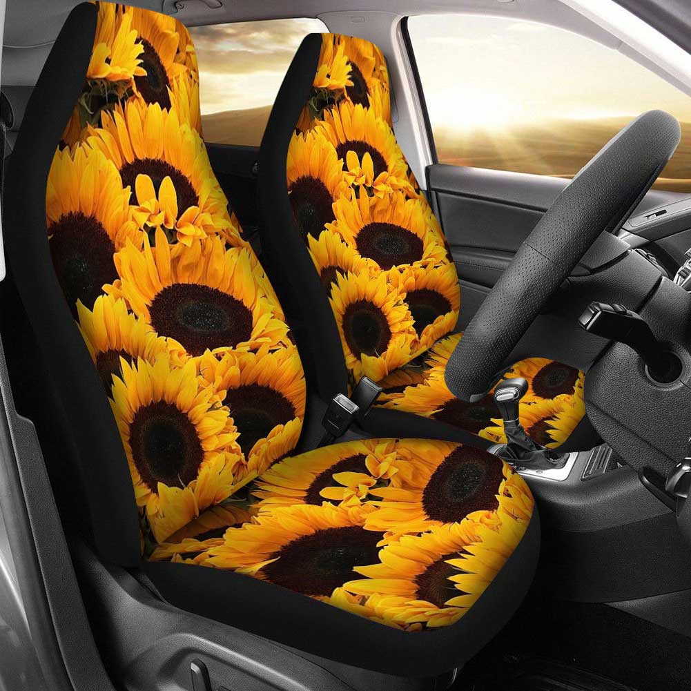 2PCS Front Seat Covers Sunflower Print Pattern Universal Fit Seat Covers Will Stretch to Fit Most Car and SUV Bucket Style Seats
