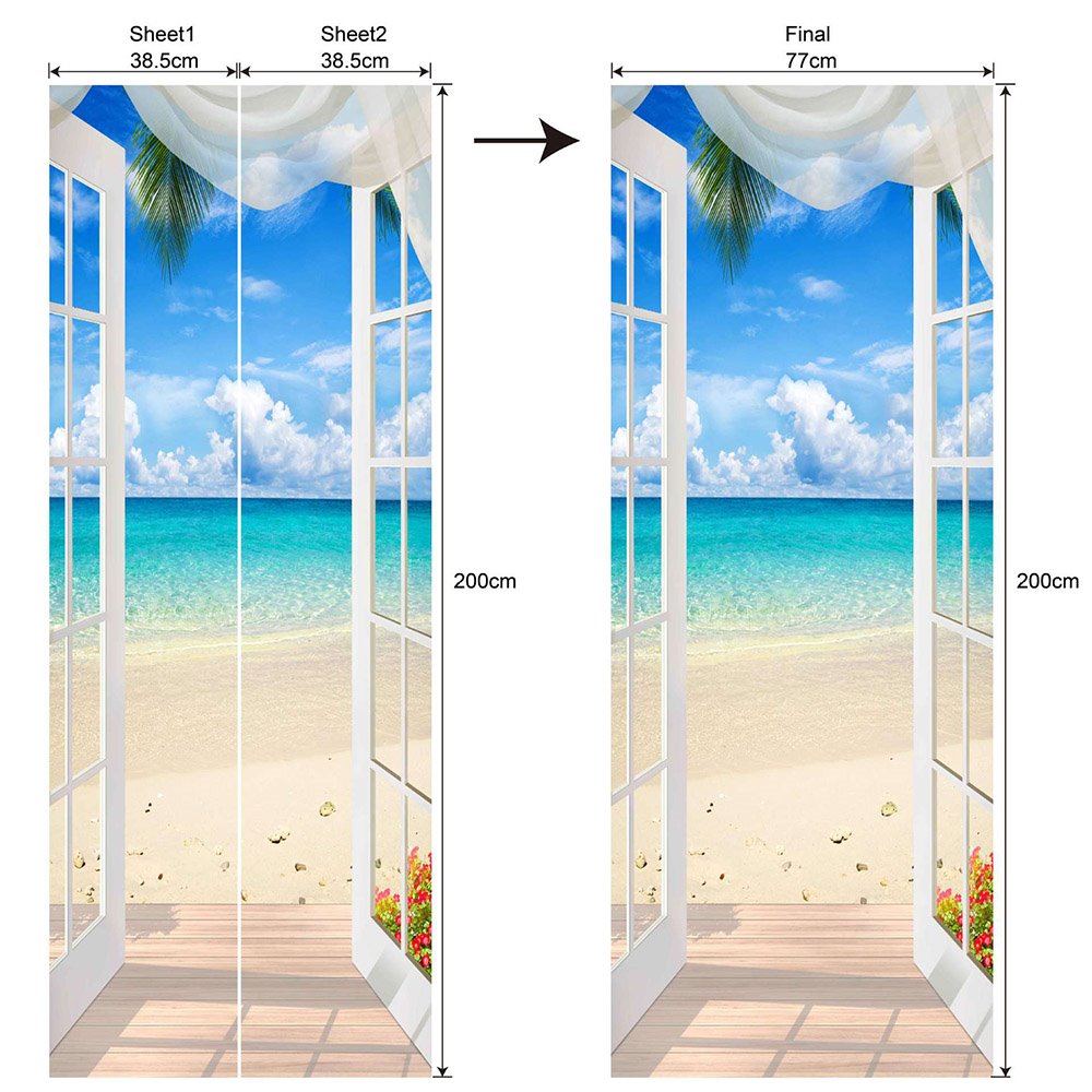 3D Ocean Beach Self-Adhesive Door Stickers Waterproof Removable Landscape Door Murals for Home Decor (Mid)