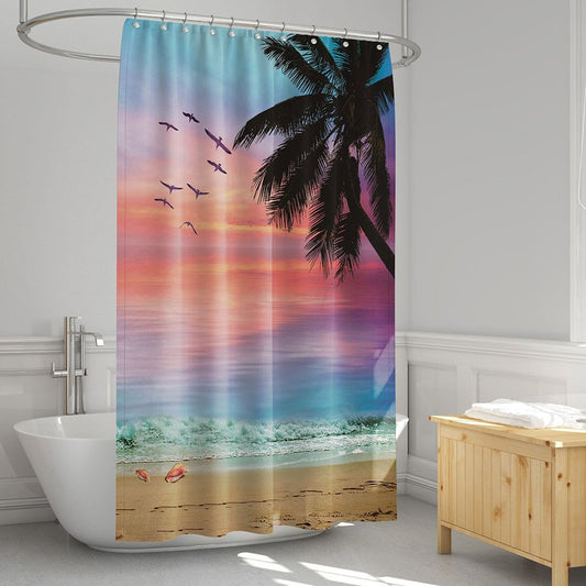 3D Printed Coast Sunset Palm Landscape Shower Curtain Bathroom Partition Curtain Durable Waterproof Mildew Proof Polyest (180*180c